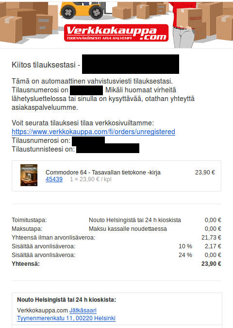 commodore 64 tasavallan tietokone verkkokaupan kirjatilausvahvistus