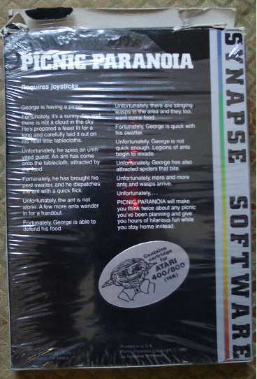 picnic paranoia synapse software atari 8bit cartridge box back